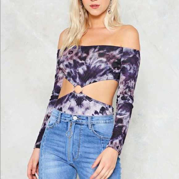 Indigo Tie Dye Off Shoulder Cut-out Bodysuit Top XS - Picture 3 of 5